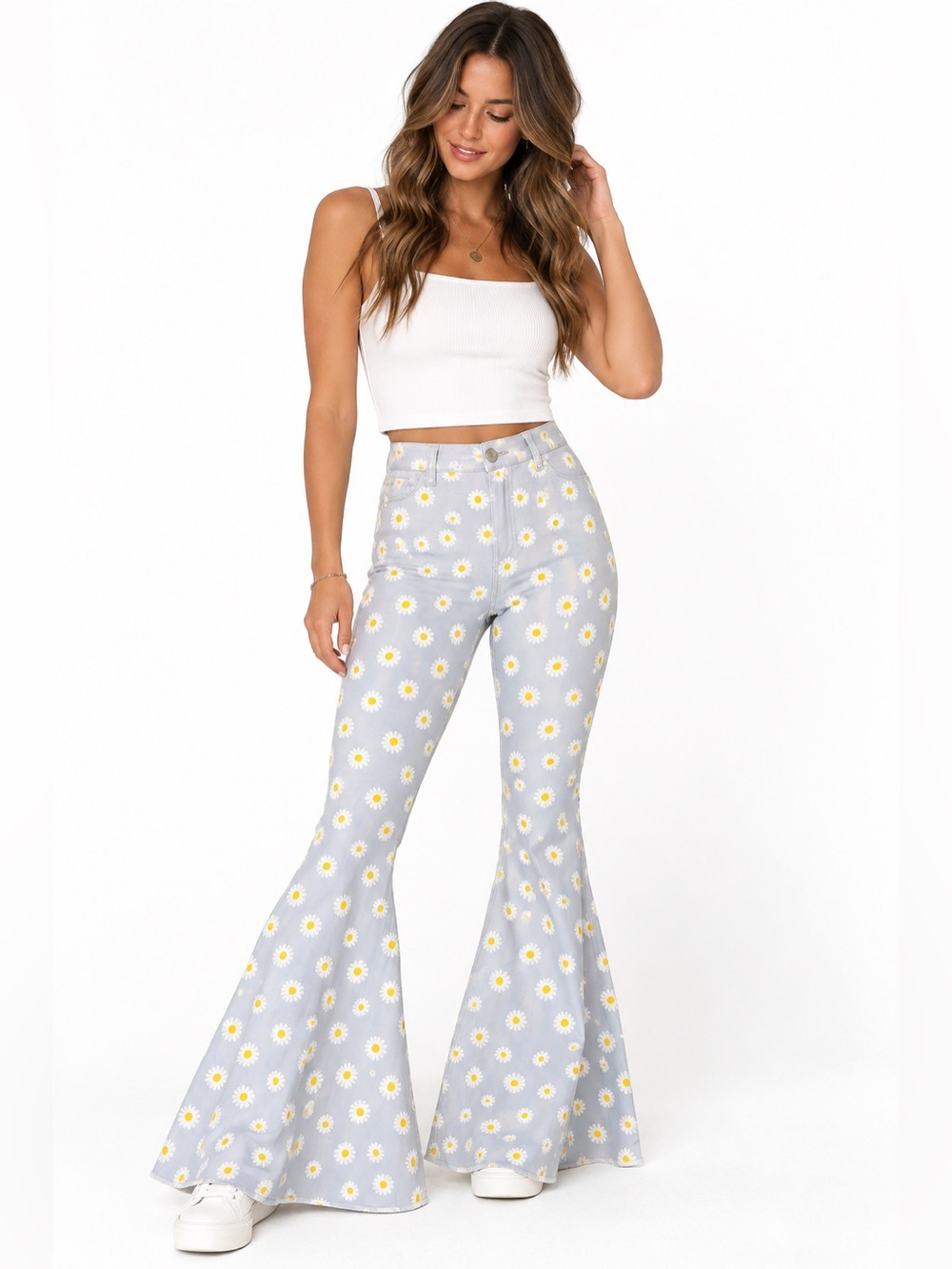 Peach Love California light blue  Daisy Print High Rise Flare Pants Size M
